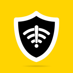 Wall Mural - Wireless shield no wifi icon sign flat design vector illustration. Wifi internet signal symbols in the security shield isolated on yellow background.
