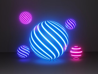 Poster - glowing spheres on dark, abstract minimal background. colorful neon lights. laser show. 3d rendering