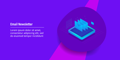Email marketing, newsletter advertising, electronic message for communication, digital technology isometric design, web banner template with text.