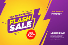 Flash Sale Discount Banner Template Promotion. Lightning Icon Text Yellow And Purple Background. Vector Illustration.