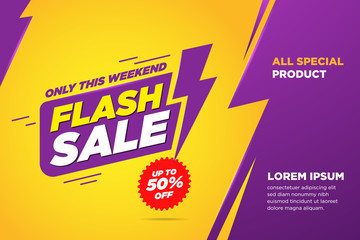 flash sale discount banner template promotion. lightning icon text yellow and purple background. vec