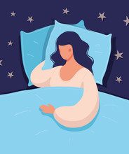 Beautiful Young Woman Is Sleeping In Bed. The Girl Is Sick At Home, Suffers From Loneliness, A Healthy Full Sleep, Insomnia. Concept Illustration. Flat Vector.