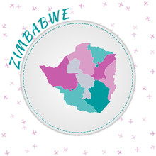 Zimbabwe Map Design. Map Of The Country With Regions In Emerald-amethyst Color Palette. Rounded Travel To Zimbabwe Poster With Country Name And Airplanes Background. Artistic Vector Illustration.