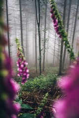 Wall Mural - Foxglow flowers in the wilderness. Colorful majestic foggy forest. Summer season.