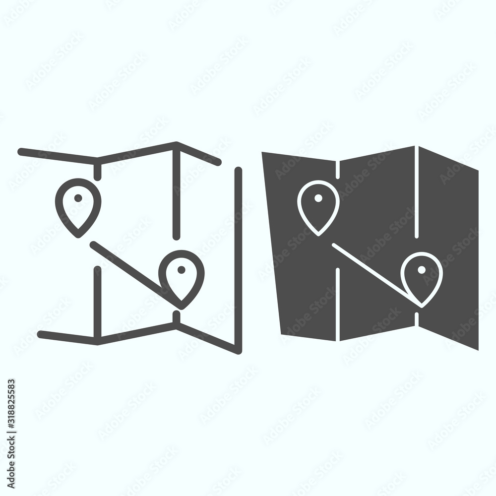 Map With Marks Map line and solid icon. Atlas with two pointers vector illustration ...
