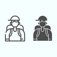 Poster - Tourist line and solid icon. Person with backpack vector illustration isolated on white. Tourist traveler outline style design, designed for web and app. Eps 10.