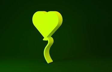 Poster - Yellow Balloons in form of heart with ribbon icon isolated on green background. Valentines day symbol. Minimalism concept. 3d illustration 3D render