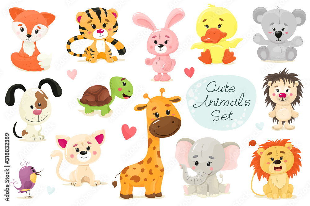 Cute set of animals. Vector animal isolates in cartoon flat style ...