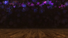 Wooden Dark Brown Deck With Blurred Bokeh And Purple Hearts In The Air. Love Background 3D Illustration.