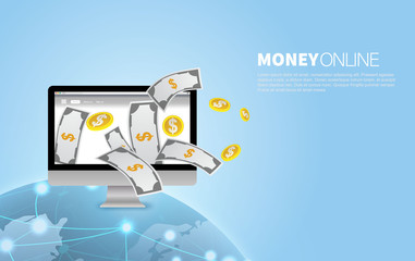 Fototapete - Earn Computer money online modern. vector illustration for web banners.Web sites and landing pages and social media. Graphic Element technology payment business concept.Marketing E-commerce finance.