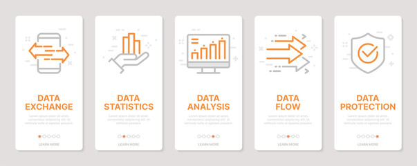 Data related vertical cards. Mobile app onboarding screens Templates for a website. Icons with editable stroke