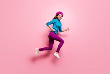 Full Length Profile Side Photo Of Girlish Cheerful Girl Jump Run Want Buy Bargain Wear Good Looking Clothing Isolated Over Pink Pastel Color Background