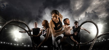 Sport Collage. Men And Woman Running On Smoke Background