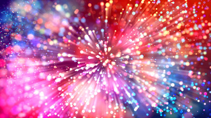 Abstract explosion of multicolored shiny particles like sparkles with light rays like laser show. 3d abstract background with light rays colorful glowing particles, depth of field, bokeh.