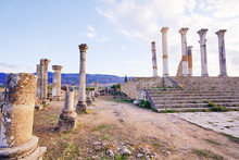 Beautiful Sunset Lanscape. The Ruins Of Ancient Antigue Roman City Volubilis In Morocco, Africa.