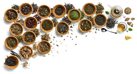 Large assortment of tea on a white background. The view from the top