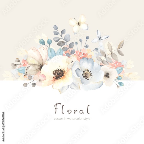 Dekoracja na wymiar  karta-kwiatowy-z-kwiatami-liscmi-galeziami-i-motylami-w-stylu-vintage-akwareli-swieto