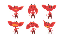 Cute Red Devil With Various Emotions And Actions Collection, Funny Demon Cartoon Character Vector Illustration