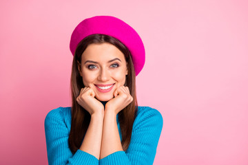 Poster - Close-up portrait of her she nice-looking attractive lovely lovable cheerful cheery glad sweet cute winsome brown-haired girl holiday weekend isolated over pink pastel color background