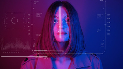 Future. Face Detection. Technological 3d Scanning. Biometric Facial Recognition. Face Id. Technological Scanning Of The Face Of Beautiful Woman. Neon Portrait. Bright Neon Lights. For Facial