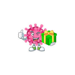 Wall Mural - Smiley corona virus character with gift box