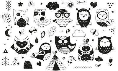 cute scandinavian owls. hand drawn. doodle cartoon owls for nursery posters, cards, t-shirts. monoch