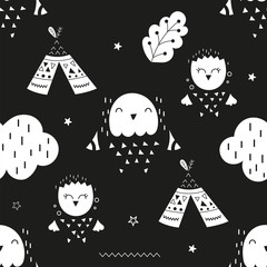 Wall Mural - Monochrome seamless pattern with cute forest owls in Scandinavian style. Vector Illustration. Great for baby clothes, greeting card, wrapping paper. Black background.