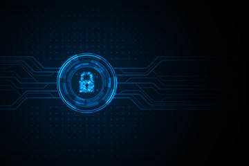 Wall Mural - Blue light data lock icon and circle circuit digital on dark background illustration, cyber security technology concept, copy space composition.