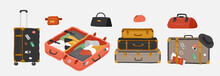 Set Of Various Vintage, Retro Luggage Bags, Open Suitcase With Packed Travel Stuff, Case, Clutch And Clothes. Hand Drawn Trendy Colorful Isolated Design Elements. Cartoon Vector