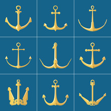Set Of Gold Flat Anchors Isolated On A Blue Background, Silhouette Marine Equipment, Travel And Tourism Concept, Vector Illustration