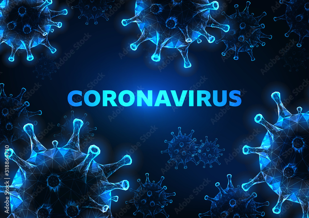 Futuristic glowing low polygonal coronavirus cells banner on dark blue background. - obrazy, fototapety, plakaty 