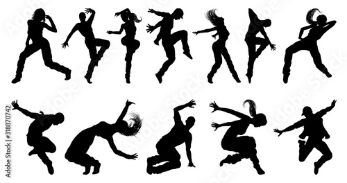 Cuadros en Lienzo A set of men and women street dance hip hop dancers in silhouette