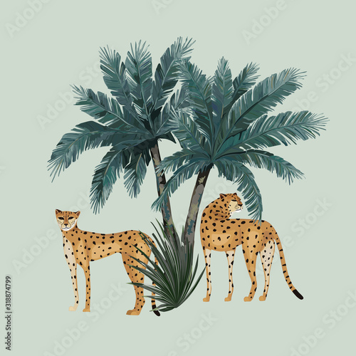Animal pattern with leopards and palm trees. Vector illustration. Vintage print