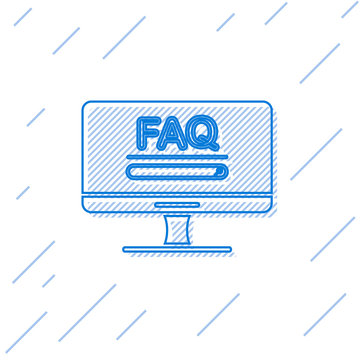 Blue line Computer monitor with text FAQ information icon isolated on white background. Frequently asked questions. Vector Illustration