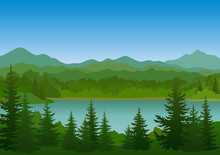 Summer Mountain Landscape With Green Fir Trees, Lake And Blue Sky. Vector
