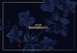 Navy orchid floral wedding invitation card template design, contrast dark flowers on dark blue background, modern vintage style banner. realistic vector with gold letters