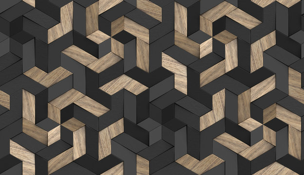 Wall Mural -  - 3D Wallpaper mosaic of solid wood particles and black painted elements.