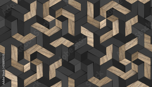 Dekoracja na wymiar  tapeta-3d-mozaika-z-czastek-litego-drewna-i-elementow-pomalowanych-na-czarno