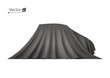 Presentation of the new car. Car covered with a black cloth. Automobile hidden behind realistic white unveiling cloth.