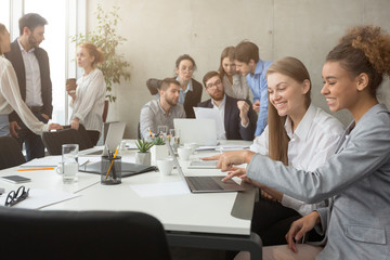 Poster - Groups of colleagues having break at meeting, using gadgets