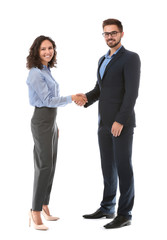 Wall Mural - Portrait of young business people shaking hands on white background