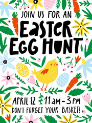 Wall Mural - Easter egg hunt invitation or poster template with flowers, eggs, bird, elements composition. 