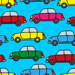 Wall Mural - Multi-colored bright cars on a blue background. Side view. Vector hand drawing. Seamless pattern. Texture.