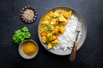 Wall Mural - Spicy chicken cooked with curry sauce and rice, top view