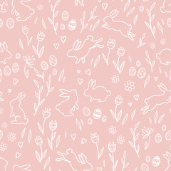 cute hand drawn easter seamless pattern with bunnies, flowers, easter eggs, beautiful background, gr