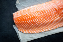 Fresh Raw Salmon Or Trout Sea Fish Fillet On Black Background, Top View