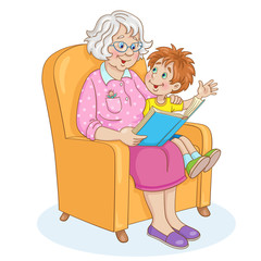 Poster - Cute grandmother and funny grandson are reading a book while sitting on an armchair. In cartoon style. Isolated on white background. Vector illustration.