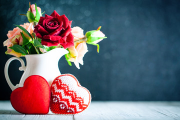 Wall Mural - greeting card with flowers and heart. background with copy space. selective focus.
