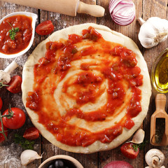 Wall Mural - pizza dough with tomato sauce, mushroom, cheese and olive