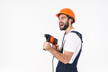 Sticker - Man builder in helmet holding drill.